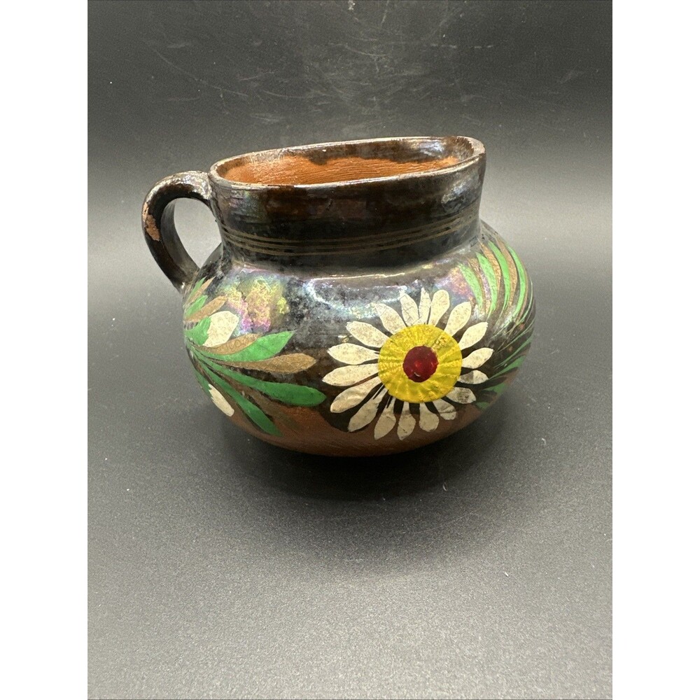 Vintage Mexican Folk Art Terracotta Pottery Hand Made Painted Small Jug Juarez